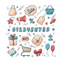 Super Sale Set von Elementen, Black Friday Doodle Icons. Vektor-Illustration in einem handgezeichneten Stil. Icon-Sammlung zum Einkaufen vektor