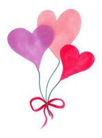 en bukett av hjärtan på en rep med en rosett för valentines dag, mödrar dag, vänner, flickvänner. kärlek begrepp. hand dragen vattenfärg illustration.rosa, röd, lila hjärta för inbjudningar, affischer. vektor