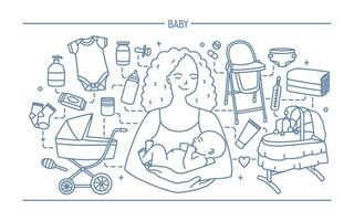 moderskap begrepp. horisontell baner med mor och bebis, annorlunda barns Tillbehör. linje konst vektor illustration.
