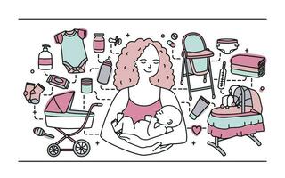 Mutterschaft Konzept. horizontal Banner mit Mutter und Baby, anders Kinder- Zubehör. Linie Kunst bunt Vektor Illustration.