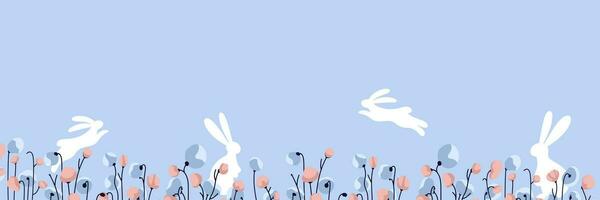 påsk blå bakgrund med vår blommor och silhuetter av kaniner. vår och påsk bakgrund med en plats för text vektor