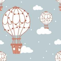 sömlös mönster med barnslig motiv. en flygande ballong på en bakgrund av moln och stjärnor. barns kläder, tapet, säng Linné vektor