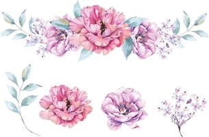 bukett pion målad med akvareller. handritad blommig illustration. för inbjudningsbröllop och alla hjärtans. vintage stil. blommande rosa blommemålning för sommaren. vektor