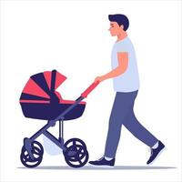 glückliche Elternschaft. Der junge Papa geht mit einem Kinderwagen spazieren. Konzept für den Vatertag. Vektor-Illustration in einem flachen Stil. vektor