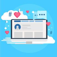 Social-Media-Marketing-Banner. Computer mit Likes, Cloud, Kommentar, Hashtags. Flache Vektorillustration vektor