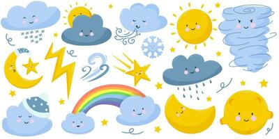 väder uttryckssymbol platt ikon uppsättning. tecknad serie regnbåge, regn och snö moln, Sol, måne, stjärna, blixt, vind isolerat vektor illustration. meteorologi och himmel begrepp