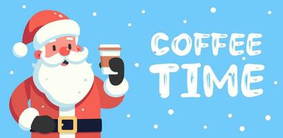 glad santa claus och en kopp av kaffe, Lycklig jul inskrift och kaffe tid text, hög kvalitet vektor illustration.