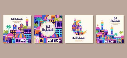 uppsättning av eid mubarak al fitr islamic arabicum moské arkitektur illustration för en affisch baner, omslag, social media posta mall vektor