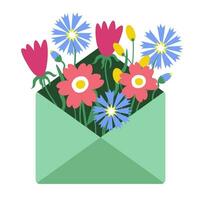 festlig kort kuvert med blommor hand dragen platt tecknad serie vektor illustration design för högtider hälsningar födelsedag valentines dag, bebis dusch, mödrar dag, blomma bukett leverans för skriva ut, papper