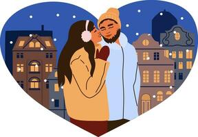 schön Paar haben ein romantisch Datum im Abend Stadt. Mann und Frau im Winter Kleidung, umarmen. Herz geformt Hintergrund. vektor