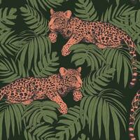 leopard i de djungel. sömlös mönster av tropisk löv och leoparder. en modern ljus illustration i trendig färger. vektor
