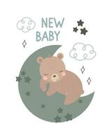 Neu Baby. Karikatur tragen, Hand Zeichnung Beschriftung. bunt Vektor Illustration, eben Stil. Design zum Gruß Karten, drucken, Poster