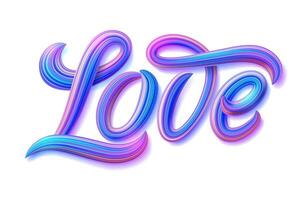 kärlek typografi med färgrik neon Ränder. vektor illustration med 3d text för bröllop inbjudningar, hälsning kort. volumetriska realistisk inskrift i vågig font.
