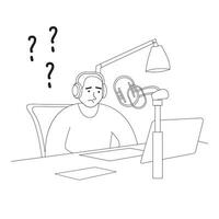 schwarz und Weiß Illustration von ein verwirrt Inhalt Schaffung Arbeiter während ein Podcast vektor