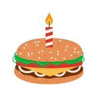 burger vektor ikon. sesam bulle fylld med kött, grönsaker, ost. födelsedag hamburgare med brinnande ljus. amerikan snabb mat, skräp mellanmål. festlig ostburgare isolerat på vit. hand dragen ClipArt