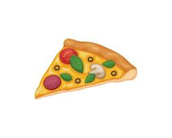 pizza. en skiva av pizza i tecknad serie stil. pizza med salami, tomater, svamp och oliver. snabb mat. vektor illustration isolerat på en vit bakgrund