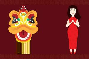 Chinesisch Mädchen Gruß, Chinesisch Neu Jahr Konzept, Vektor Illustration Karikatur Charakter.