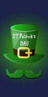 helgon Patricks dag, fest av helgon patrick fest affisch design, 17 Mars firande inbjudan med pyssling hatt, grön mustasch, vektor illustration