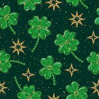 st patricks dag sömlös mönster med klöver, tur- vitklöver, gyllene stjärnor, texturerad mörk bakgrund. årgång illustration för grafik, textil, yta design vektor