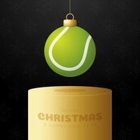 Tennis-Weihnachtskugel-Sockel. frohe weihnachten sportgrußkarte. Hängen Sie an einem Thread-Tennisball als Weihnachtsball auf goldenem Podium auf schwarzem Hintergrund. Sport-Vektor-Illustration. vektor