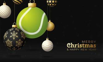 Tennis-Weihnachtskarte. frohe weihnachten sportgrußkarte. Hängen Sie an einem Thread-Tennisball als Weihnachtsball und goldener Kugel auf schwarzem horizontalem Hintergrund. Sport-Vektor-Illustration. vektor