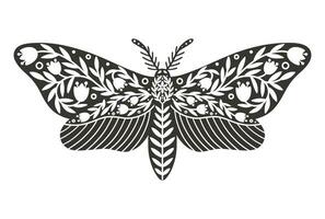 Motte Symbol mit Ornament von Blumen und Blätter. Jahrgang Silhouette von schwarz und Weiß mystisch Motte oder Schmetterling. fliegend himmlisch Insekt, Vektor Illustration