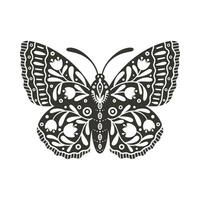 Schmetterling Symbol mit Blumen- Ornament. Jahrgang Silhouette von schwarz und Weiß mystisch Schmetterling oder Motte. fliegend himmlisch Insekt, Vektor Illustration