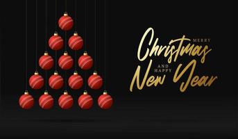 Cricket-Weihnachten und Neujahr Grußkarte Flitterbaum. Kreativer Weihnachtsbaum von Cricketball auf schwarzem Hintergrund für Weihnachten und Neujahrsfeier. Sportgrußkarte vektor