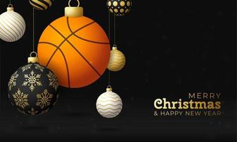 basket julkort. god jul sport gratulationskort. häng på en tråd basketboll som en julboll och gyllene kul på svart horisontell bakgrund. sport vektor illustration.