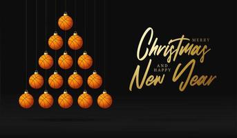 basket jul och nyår gratulationskort snubbla träd. kreativa julgran gjord av basketboll på svart bakgrund för jul och nyårsfirande. sport gratulationskort vektor