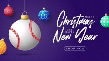 Baseball-Weihnachtskarte. frohe weihnachten sportgrußkarte. Hängen Sie an einem Thread-Baseball-Ball als Weihnachtsball und bunter Kugel auf lila horizontalem Hintergrund. Sport-Vektor-Illustration. vektor