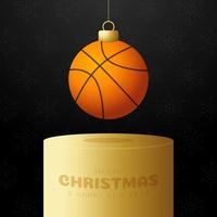 basket julgranskula piedestal. god jul sport gratulationskort. hänga på en tråd basketboll som en julboll på gyllene podium på svart bakgrund. sport vektor illustration.