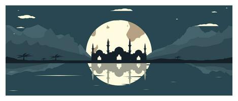 Moschee Silhouette mit Berge und voll Mond im das Hintergrund vektor