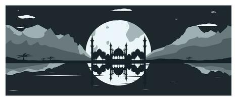 moské silhuett med bergen och full måne i de bakgrund vektor