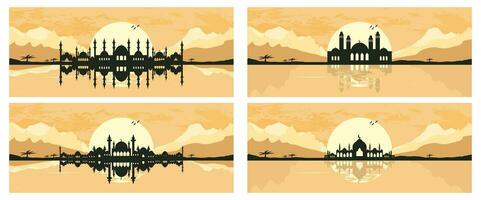 Sammlung von Moschee Silhouette mit Berge und Sonnenuntergang im das Hintergrund vektor