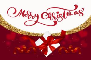 Beschriftung der frohen Weihnachten, rote Hintergrundvektorillustration, mit einer Maschengeschenkbox und goldenen Schneeflocken. Weihnachtsgrußkarte vektor
