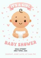 söt bebis dusch inbjudan kort för bebis och barn ny född firande. dess en flicka kort med liten bebis flicka och hjärtan. design mall kort. vektor
