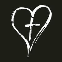 Christian Weiß Kreuz und Herz gezeichnet durch Bürste, isoliert Symbole auf ein schwarz Hintergrund vektor