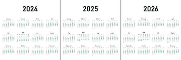 Kalender 2024, Kalender 2025, Kalender 2026 Woche Start Sonntag vektor