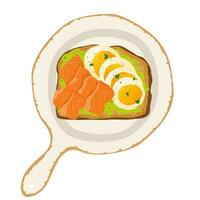 Toast zum Frühstück mit Guacomole, Lachs und gekocht Ei auf ein Platte. knusprig Brot. gesund Frühstück. Sandwich. Vektor Illustration.