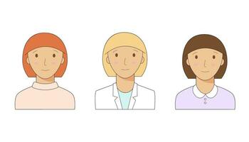 samling av porträtt av kvinnor med rättvis hud och annorlunda hår färger för profil avatarer. porträtt av en leende kvinna. vektor
