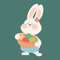 söt påsk kanin flicka vit kanin innehar en korg med målad ägg. platt tecknad serie karaktär för Lycklig påsk hälsning kort, inbjudan, klistermärke, webb design, baner. vektor illustration påsk symboler