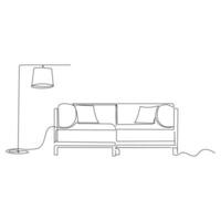 enda och dubbel- soffa kontinuerlig ett linje översikt vektor teckning och soffa med lampa eller växt design konst illustration