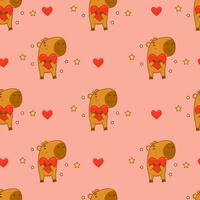 nahtlos Muster. süß Tier Capybara mit Herz auf Rosa Hintergrund. Vektor Illustration zum festlich Design, romantisch Valentinstag, Hintergrund, Verpackung, Textil.