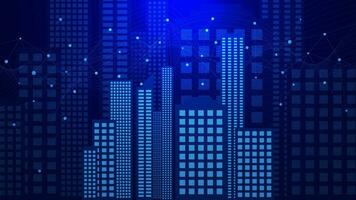 Büro Gebäude oder Stadtbild mit verbinden Punkte und Linien auf ein dunkel Blau Hintergrund. Clever Stadt und Geschäft Verbindung Technologie Konzept. Vektor Illustration.