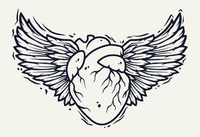 Mensch Herz und Paar von Vogel Flügel mit Gefieder Tätowierung. Gliederung Vektor Illustration