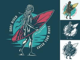 skriva ut uppsättning av flicka surfare på strand, surfing styrelse vektor