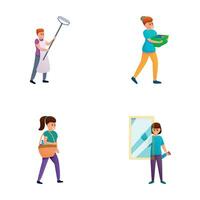 Hausarbeit Symbole einstellen Karikatur Vektor. Menschen mit Reinigung und Reparatur Ausrüstung vektor
