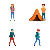 turism ikoner uppsättning tecknad serie vektor. grupp av turist med ryggsäck och tält vektor
