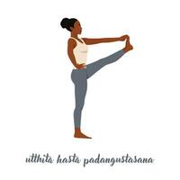 kvinna utövar yoga, stående i utsträckt hand till stortå övning, utthita hasta padangustasana pose. platt vektorillustration isolerad på vit bakgrund vektor